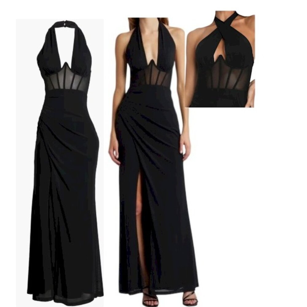 Never-Ending Glamour Black Mesh Cross-Front Halter Maxi Dress Size XS NWOT - Picture 3 of 13